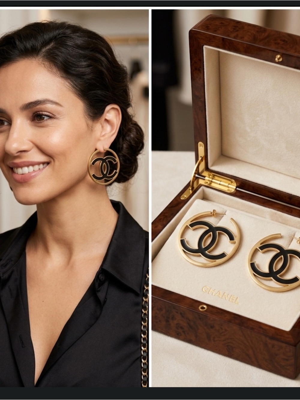 CC Fashion Jewelry Gold and Black Interlocking Hoop Earrings